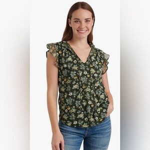 Lucky Brand Floral Ruffle Sleeve Blouse - Green Small